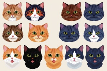 Colorful Cute Cat Face Illustrations Collection of Playful Feline Art