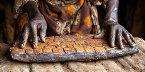 A person's hands press the buttons of a keyboard made of stone. The concept of outdated equipment and technologies. Close-up
