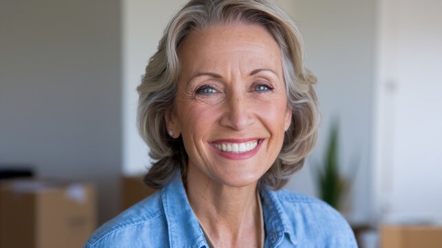 Headshot of a radiant middle-aged woman smiling brightly indoors. The cheerful woman, with a healthy and confident smile, appears delighted as a new renter, tenant, or buyer Generative aI