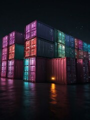 Fototapeta premium Futuristic digital cargo containers glowing in neon lights.