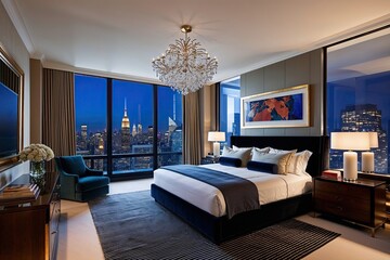 Luxury Penthouse Bedroom Interior Design in New York City at Night