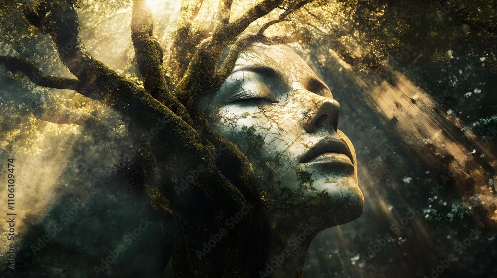 Poster enchanted forest vision: a serene face merged with nature elements, symbolizing harmony between huma