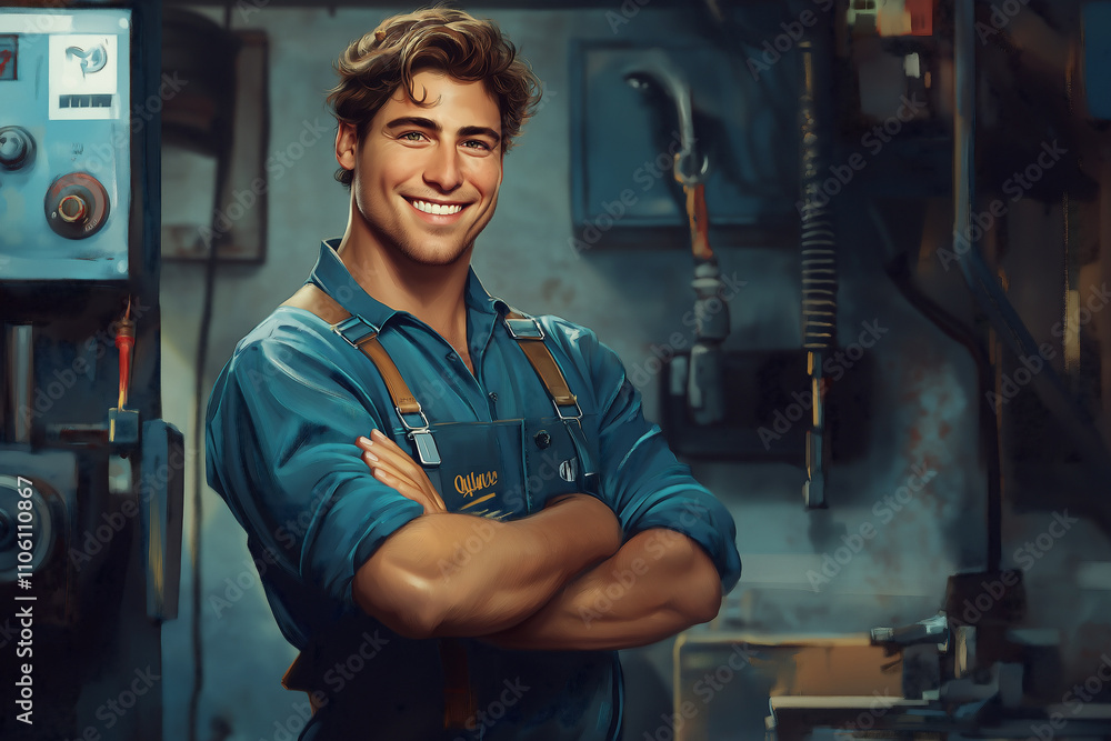 Aufkleber skilled technician smiling confidently in a workshop setting with tools nearby. generative ai