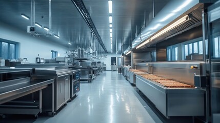 Fototapeta premium A clean, modern commercial kitchen with stainless steel appliances and a long, empty counter space.