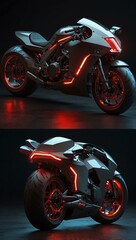 Futuristic motorcycle with red illumination.
