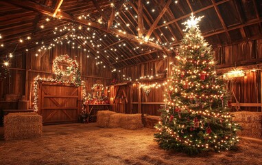 Rustic Barn A large rustic Christmas tree with handmade decorations, set in a charming barn decorated with string lights and hay bales