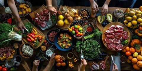People group catering buffet food indoor in restaurant with meat colorful fruits and vegetables. world winning photo created by ai