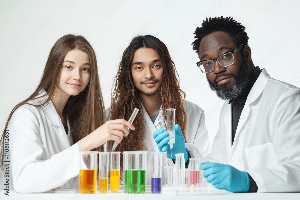 Aufkleber three young scientists conduct experiments with colorful liquids in laboratory. generative ai