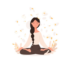 Yoga and spiritual practice. Woman meditating, relaxing. Peaceful female during meditation in lotus pose. Vector illustration isolated on white background