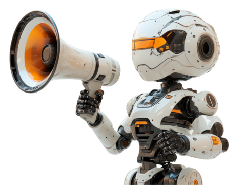 A Cute white robot with a megaphone. PNG isolated on transparent background
