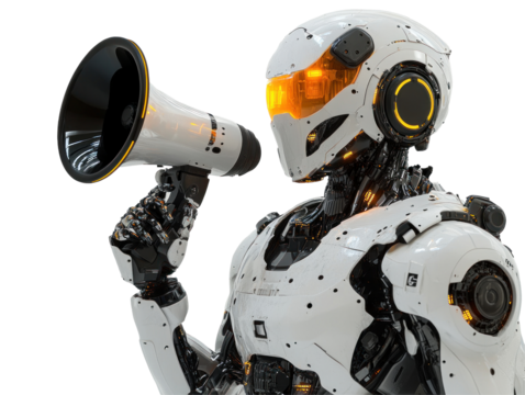 A humanoid white robot with a megaphone. PNG isolated on transparent background