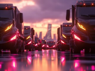 : A black semi truck is driving down a city street at night. The truck is surrounded by neon signs...