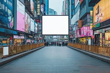 Empty white billboard on a pedestrian bridge in a vibrant shopping district surrounded by colorful advertisements.