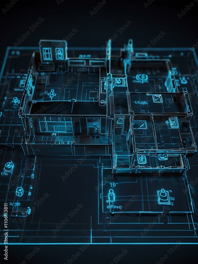 Poster futuristic smart home blueprint with glowing nodes and lines.