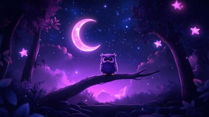 Obraz premium A white owl is perched on a branch in front of a crescent moon. The image has a dreamy, ethereal quality to it, with the owl and moon creating a sense of wonder and magic