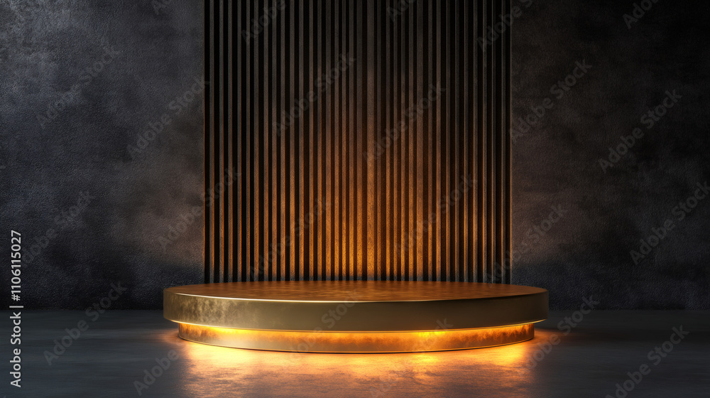 Poster elegant and luxurious setting for product placement: golden round podium in a dark concrete room wit