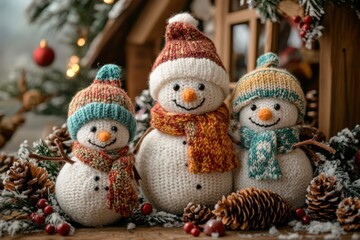 Recycling during festive seasons promotes sustainability. A cozy family of knitted snowmen, perfect for festive holiday themes and winter decorations.