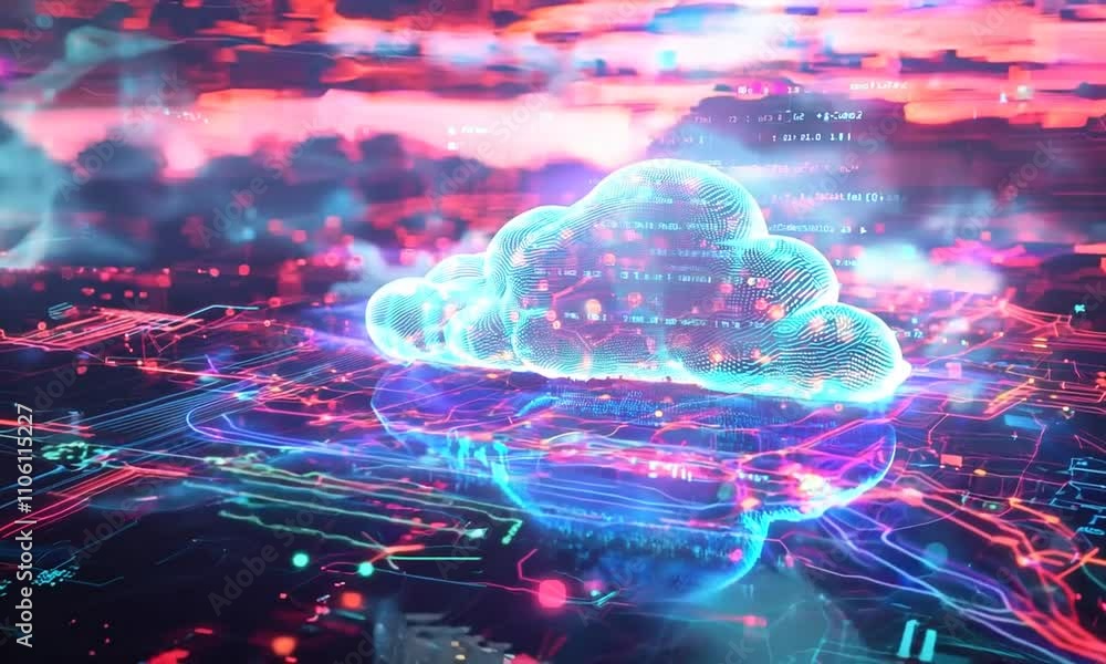 Aufkleber glowing data cloud mass in cyberspace with calculations and digital storage