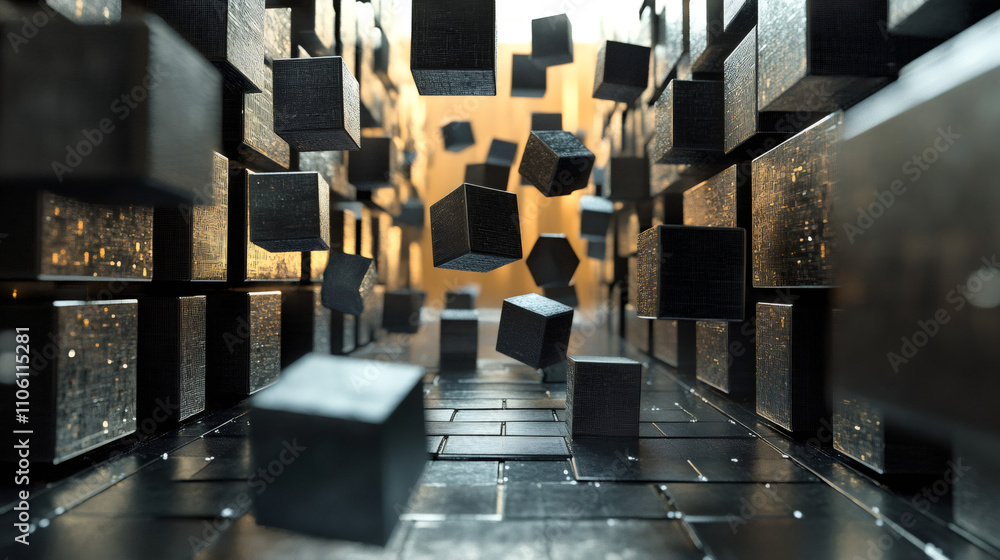 Poster mysterious metallic cubes floating and bouncing in a futuristic corridor, bathed in golden light