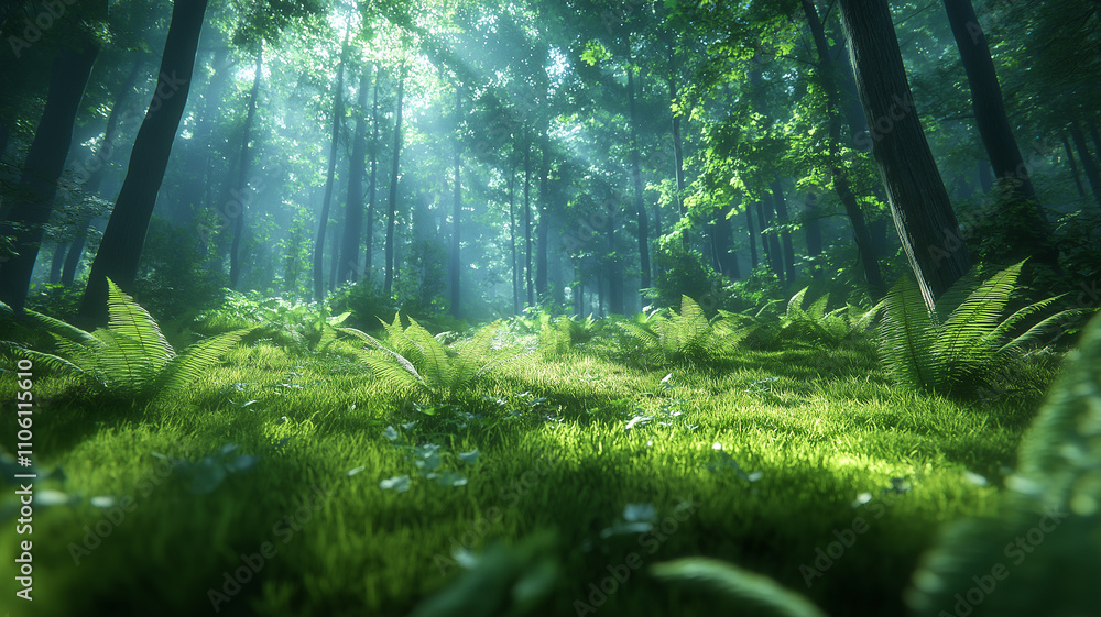 Poster lush green forest with sunlight filtering through trees, creating serene atmosphere