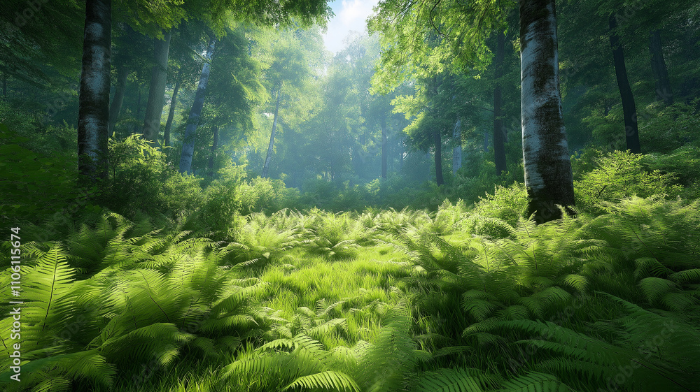 Poster lush green forest with sunlight filtering through trees, creating serene atmosphere