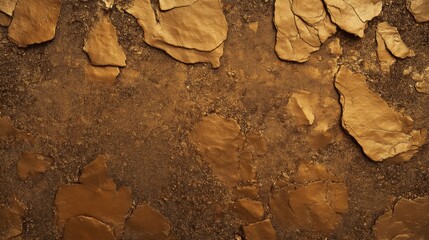 Golden metallic textured surface with irregular, cracked patterns and shiny, reflective fragments in various shapes and sizes, creating an abstract and artistic background.