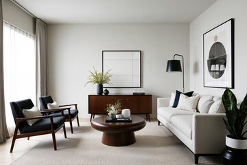 Fototapeta premium Sleek Japandi Aesthetic with Minimalist Living Room Elements and Curated Decor