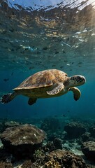 Obraz premium Galapagos turtle underwater with surrounding fish.