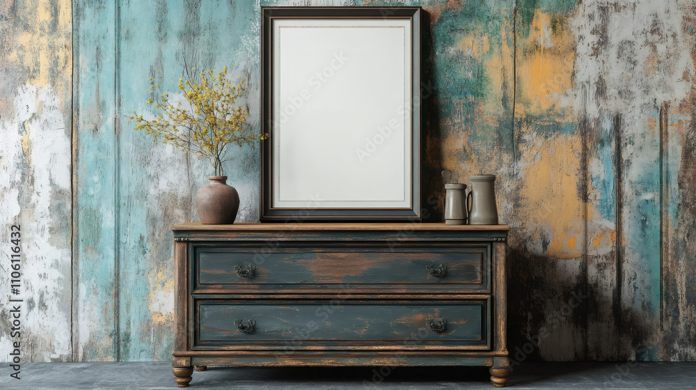 Poster vintage and artistic interior design scene featuring an empty frame mockup on a rustic cabinet again