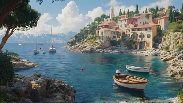 Coastal Village Scene With Boats And Mountains