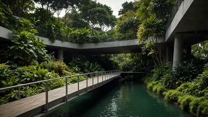Fototapeta premium Garden bridge surrounded by greenery in Singapore.
