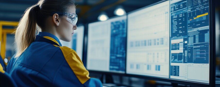 Warehouse operations management female supervisor analyzing data in a modern storehouse environment with high-tech monitors