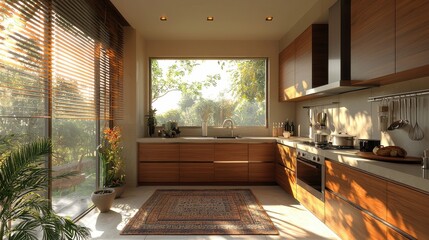 Fototapeta premium Modern kitchen with large window overlooking a garden during a sunny afternoon in a residential home