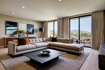 Stylish Modern Living Room Featuring Chaise Sofa and Slate Coffee Table