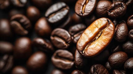 Fototapeta premium Dark roasted coffee beans are showcased in this close-up image, highlighting their rich textures and colors, Ideal for coffee-related content, marketing materials, or culinary blogs,
