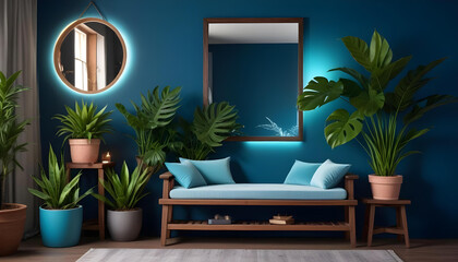 A modern living room with a wooden bench, potted plants, and a large framed mirror on the wall