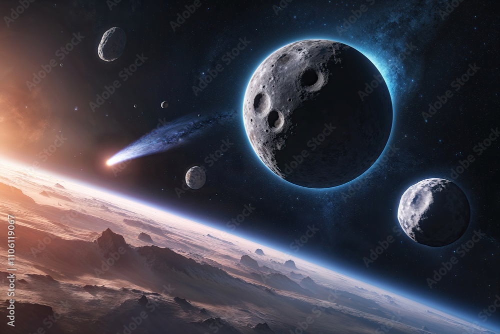 Poster massive asteroids and comets floating through space