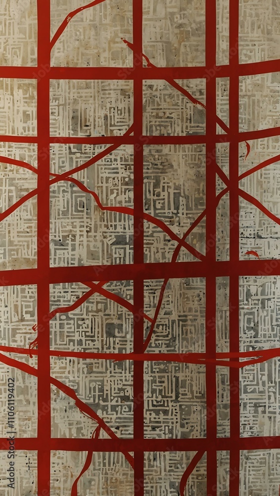 Poster geometric abstract design with chinese text and red lines.