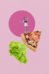 Vertical poster collage young woman roller skater pizza american fast food junk salad lettuce...