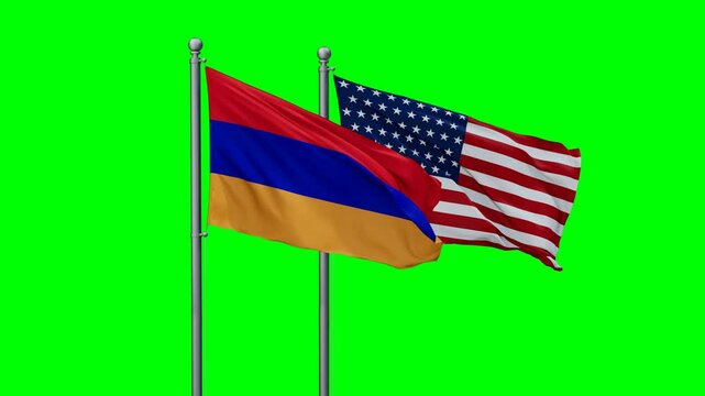 USA and Armenia flags flying together, video concept of the relationship with colored chroma key for easy background remove, two country cooperation concept