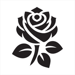 A logo in black and white with a rose in the middle