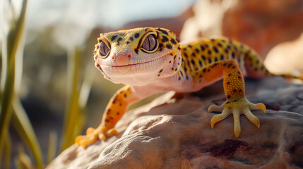 Obraz premium A vibrant gecko with striking patterns rests on a rock blending into its natural habitat Its bright colors and unique features attract attention and admiration
