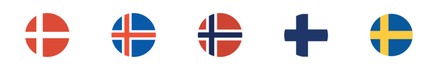 A collection of isolated round vector flags representing the Nordic countries with a simple, modern design. Vector images are isolated on a transparent background.