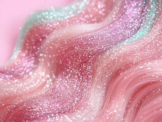 Obraz premium A vibrant, shimmering wave of pastel-colored hair with sparkles, blending pink and mint hues against a soft background.