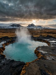 Obraz premium Geothermal hot spring in Iceland’s rugged landscape.