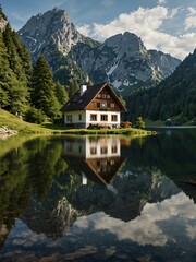 Obraz premium German lodge reflected in Lake Obersee.