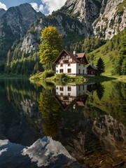 Fototapeta premium German lodge reflected in Lake Obersee.