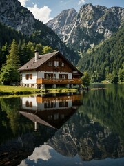 Fototapeta premium German lodge reflected in Lake Obersee.