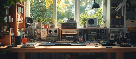 A well-equipped home studio workspace with a wooden desk, various electronic devices, tools, and plants near a window.