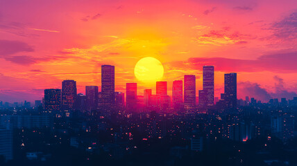 Fototapeta premium Silhouette of towering skyscrapers set against a breathtaking fiery orange and pink sunset, capturing the beauty of an urban cityscape at dusk.